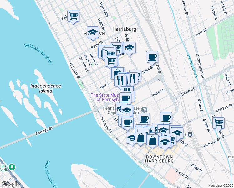 map of restaurants, bars, coffee shops, grocery stores, and more near 909 Green Street in Harrisburg