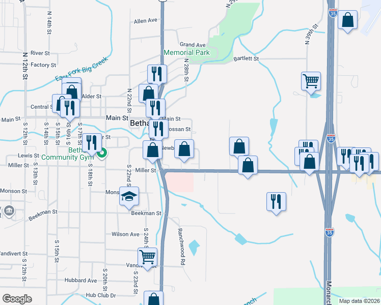 map of restaurants, bars, coffee shops, grocery stores, and more near 2703 Miller Street in Bethany