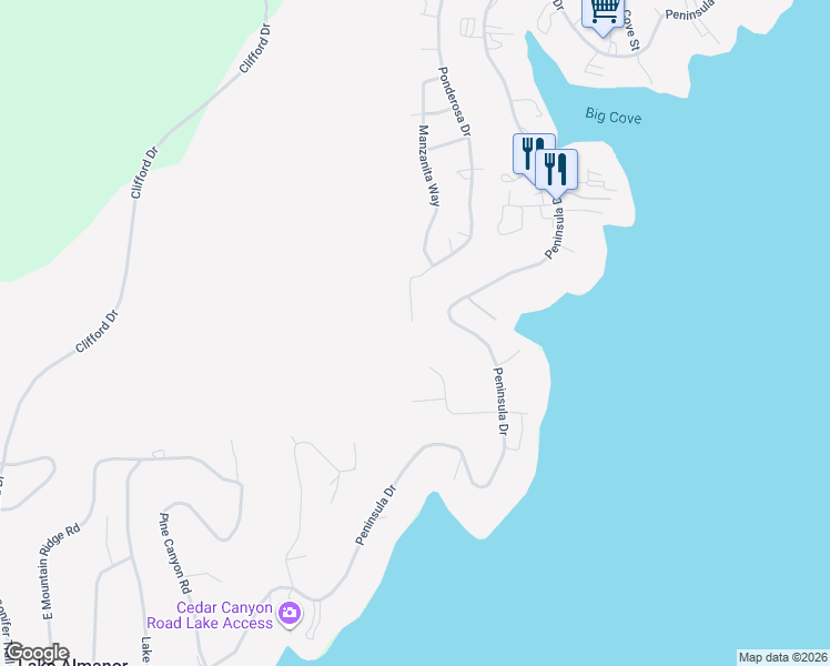 map of restaurants, bars, coffee shops, grocery stores, and more near 625 Deep Forest Road in Lake Almanor Peninsula