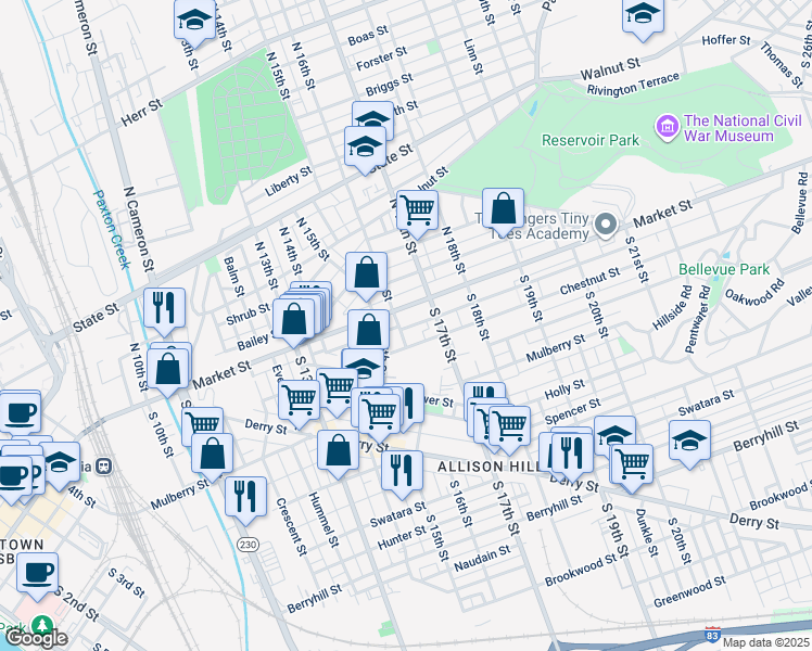 map of restaurants, bars, coffee shops, grocery stores, and more near 9 S 16th St in Harrisburg