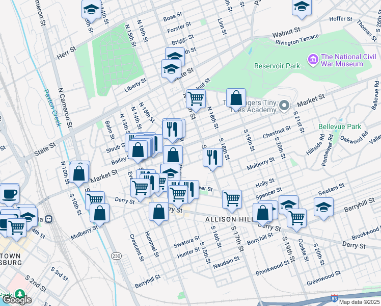 map of restaurants, bars, coffee shops, grocery stores, and more near 9 S 16th St in Harrisburg