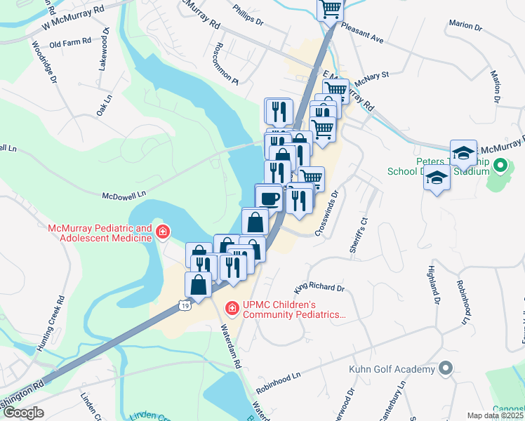map of restaurants, bars, coffee shops, grocery stores, and more near 302 Waterside Drive in Canonsburg