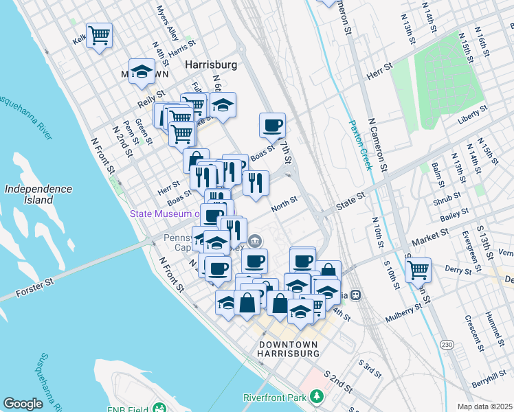 map of restaurants, bars, coffee shops, grocery stores, and more near 400 North Street in Harrisburg