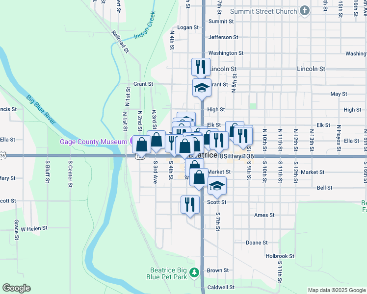 map of restaurants, bars, coffee shops, grocery stores, and more near 113 North 5th Street in Beatrice
