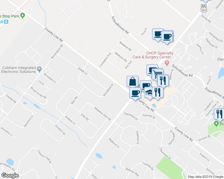 map of restaurants, bars, coffee shops, grocery stores, and more near 102 Woodland Drive in Lansdale