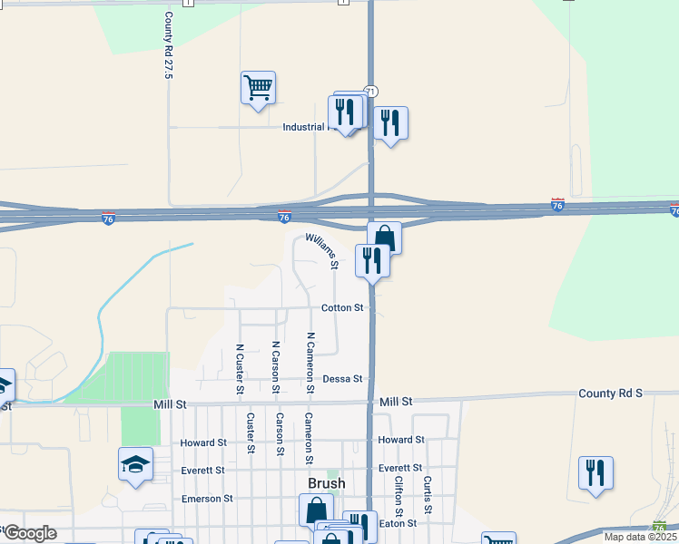 map of restaurants, bars, coffee shops, grocery stores, and more near 1021 Williams Street in Brush