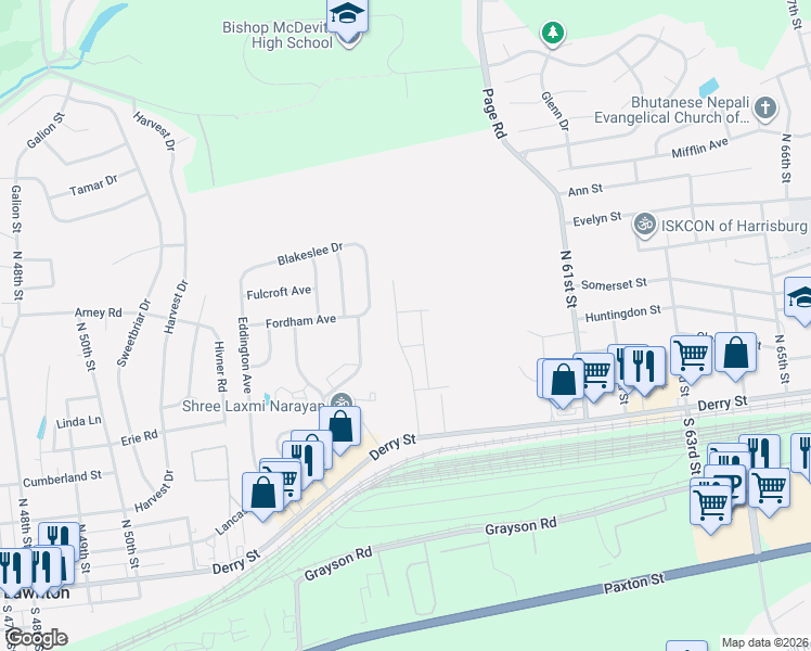 map of restaurants, bars, coffee shops, grocery stores, and more near 5786 Severna Place in Harrisburg