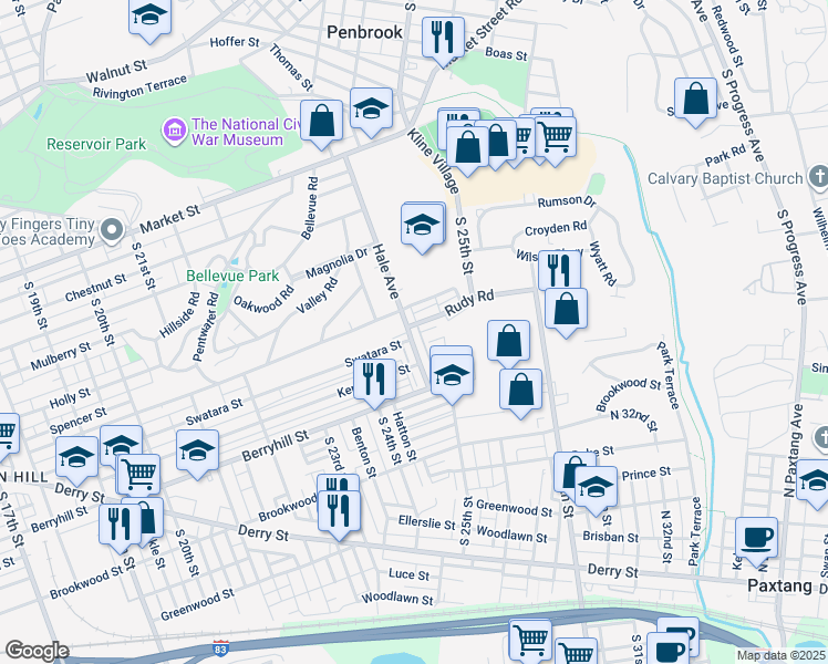map of restaurants, bars, coffee shops, grocery stores, and more near 404 Hale Avenue in Harrisburg