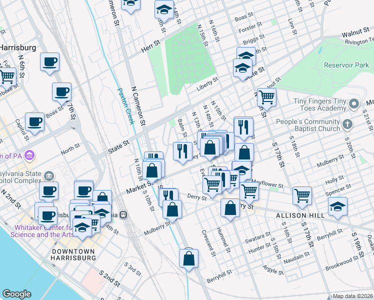 map of restaurants, bars, coffee shops, grocery stores, and more near 1218 Bailey Street in Harrisburg