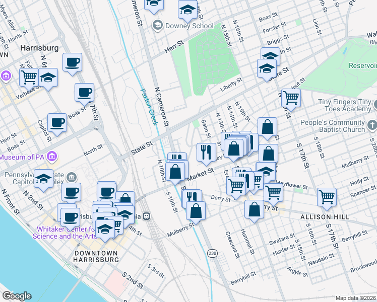 map of restaurants, bars, coffee shops, grocery stores, and more near 46 North 12th Street in Harrisburg