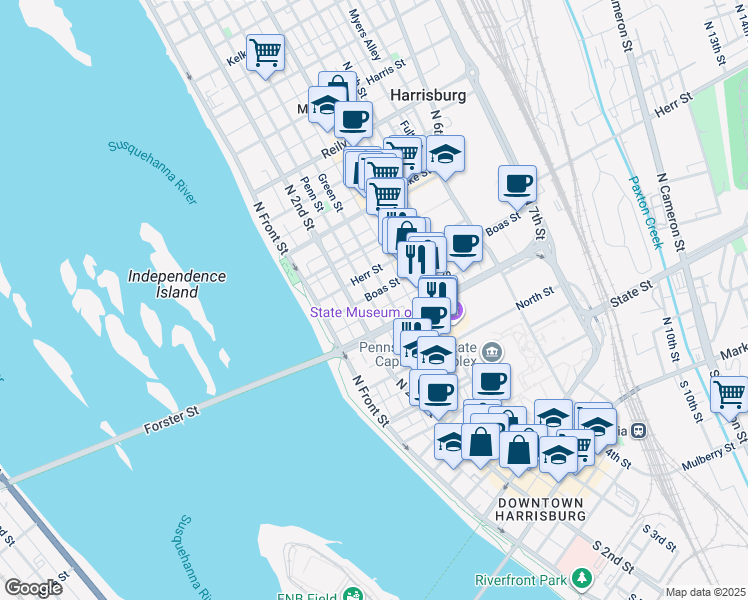 map of restaurants, bars, coffee shops, grocery stores, and more near 220 Forster Street in Harrisburg