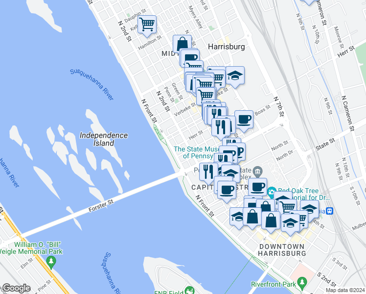 map of restaurants, bars, coffee shops, grocery stores, and more near 932 North 2nd Street in Harrisburg