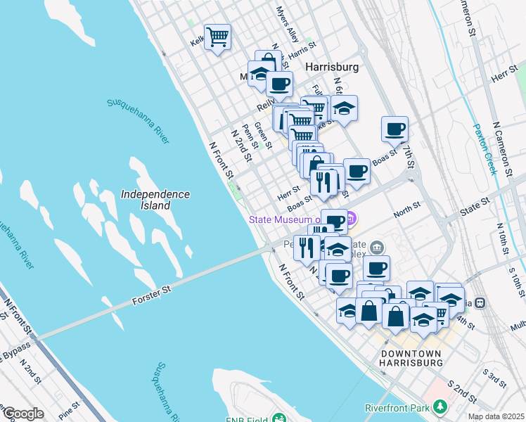 map of restaurants, bars, coffee shops, grocery stores, and more near in Harrisburg