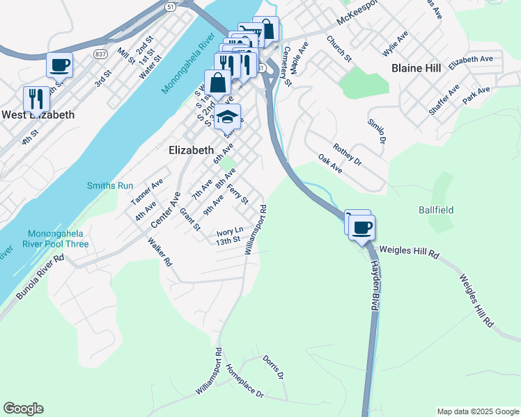 map of restaurants, bars, coffee shops, grocery stores, and more near 1210 Ferry Street in Elizabeth