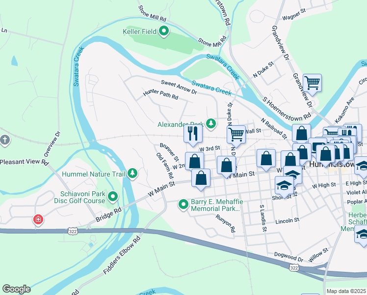 map of restaurants, bars, coffee shops, grocery stores, and more near 122 Evergreen Street in Hummelstown