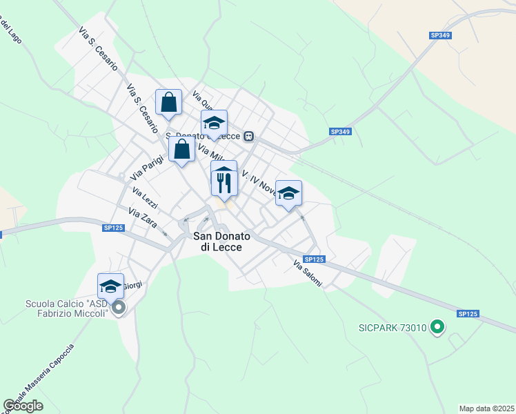 map of restaurants, bars, coffee shops, grocery stores, and more near 30 Via Guglielmo Oberdan in San Donato di Lecce