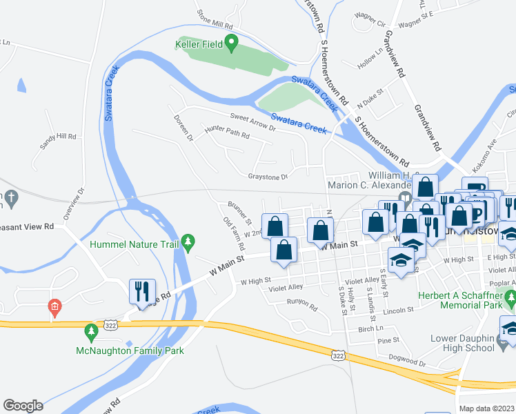 map of restaurants, bars, coffee shops, grocery stores, and more near 122 Evergreen Street in Hummelstown