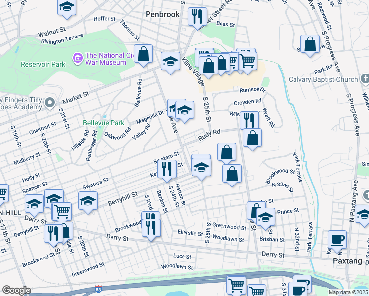 map of restaurants, bars, coffee shops, grocery stores, and more near 404 Hale Avenue in Harrisburg