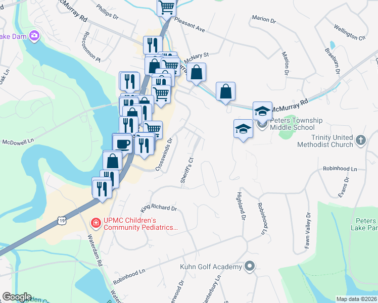 map of restaurants, bars, coffee shops, grocery stores, and more near 1007 Sheriff's Court in Canonsburg