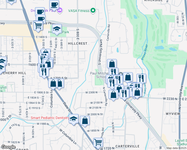 map of restaurants, bars, coffee shops, grocery stores, and more near 2432 North 850 West in Provo
