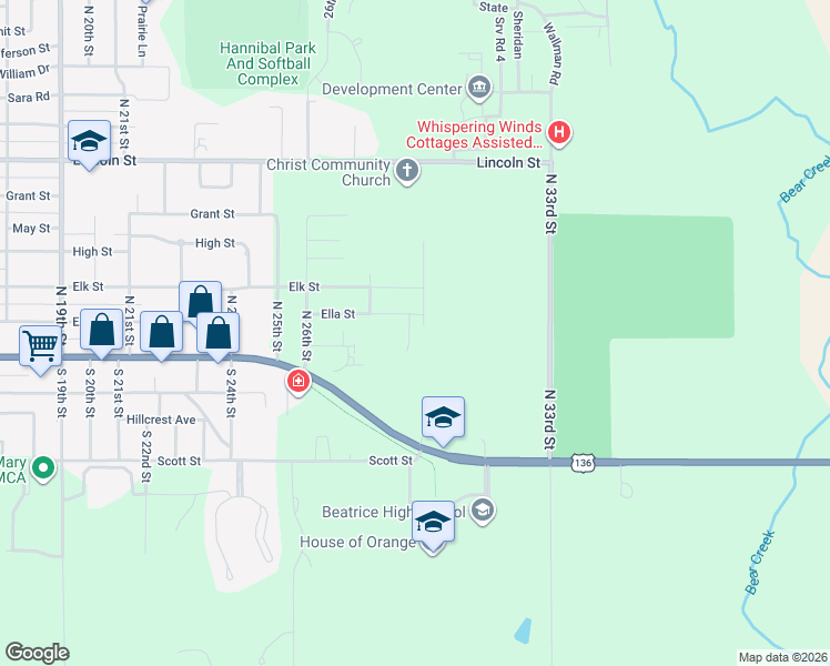map of restaurants, bars, coffee shops, grocery stores, and more near 106 North 28th Street in Beatrice
