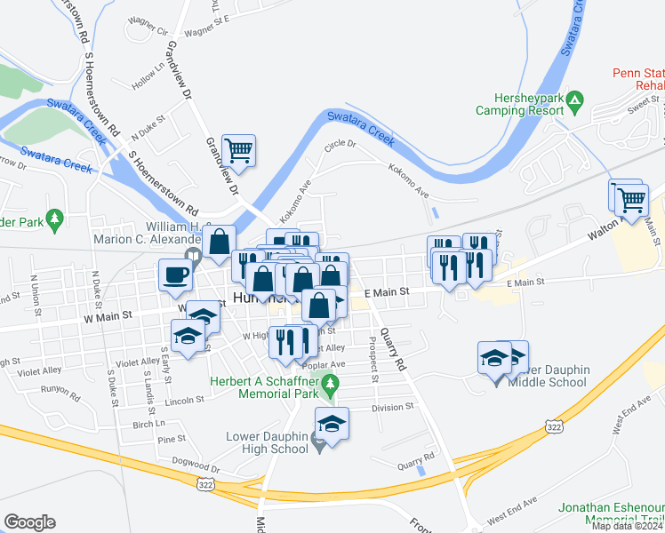 map of restaurants, bars, coffee shops, grocery stores, and more near 101 East 2nd Street in Hummelstown
