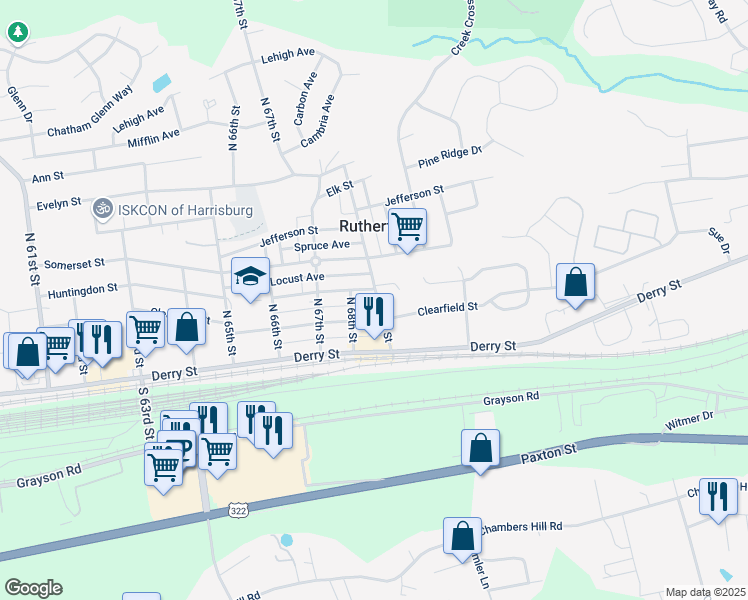 map of restaurants, bars, coffee shops, grocery stores, and more near 6810 Clearfield Street in Harrisburg