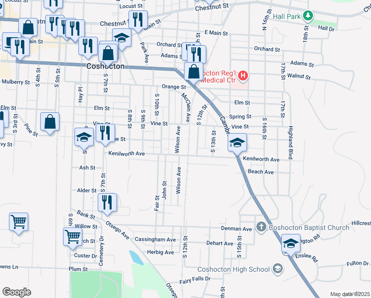 map of restaurants, bars, coffee shops, grocery stores, and more near in Coshocton