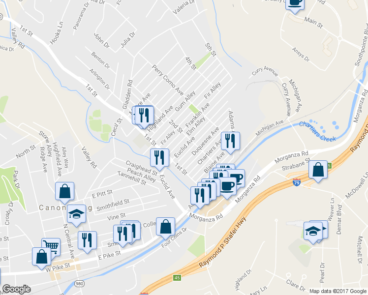 map of restaurants, bars, coffee shops, grocery stores, and more near 438 Euclid Avenue in Canonsburg