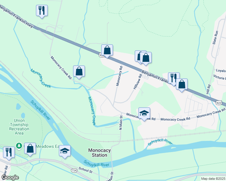map of restaurants, bars, coffee shops, grocery stores, and more near 31 Monocacy Road in Birdsboro