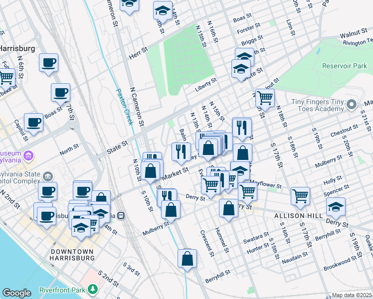 map of restaurants, bars, coffee shops, grocery stores, and more near 36 Balm Street in Harrisburg