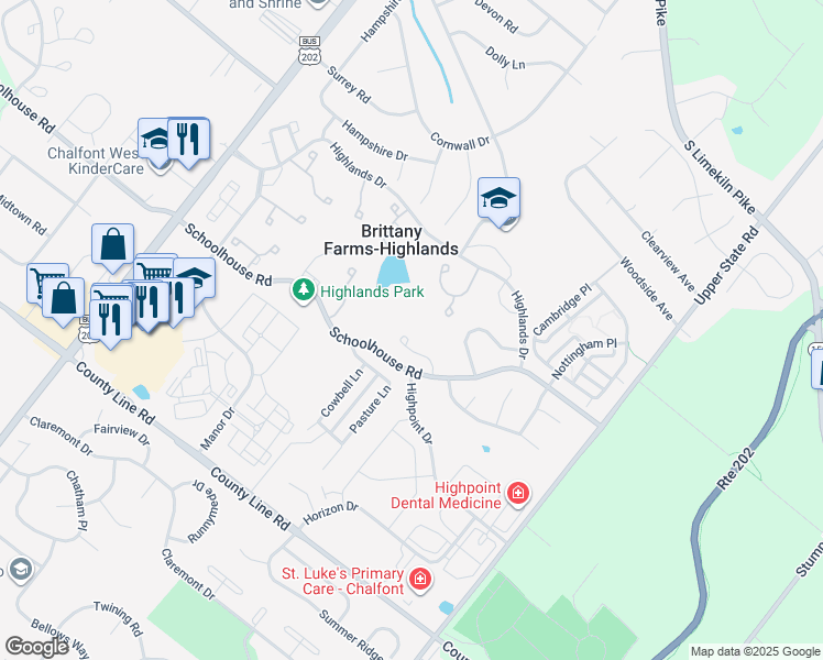 map of restaurants, bars, coffee shops, grocery stores, and more near 125 Galway Circle in Chalfont