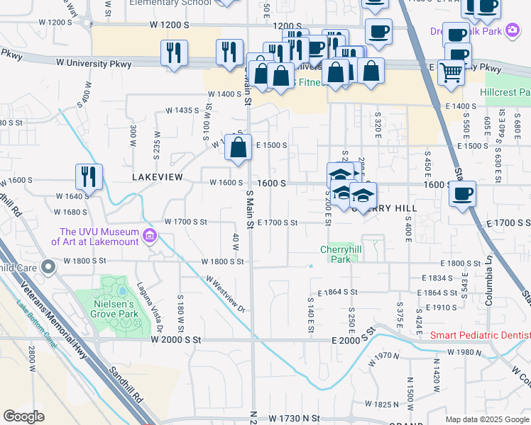 map of restaurants, bars, coffee shops, grocery stores, and more near 1680 South 50 East Street in Orem