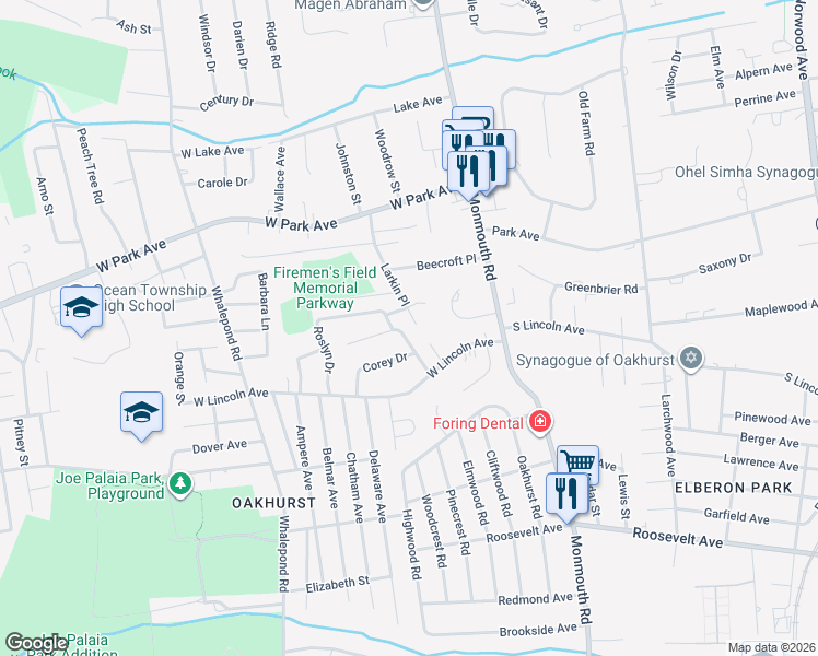 map of restaurants, bars, coffee shops, grocery stores, and more near 3 Corey Drive in Monmouth County