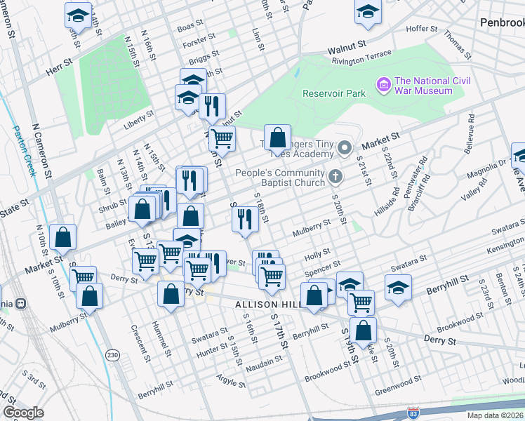 map of restaurants, bars, coffee shops, grocery stores, and more near Chestnut St & S 18th St in Harrisburg