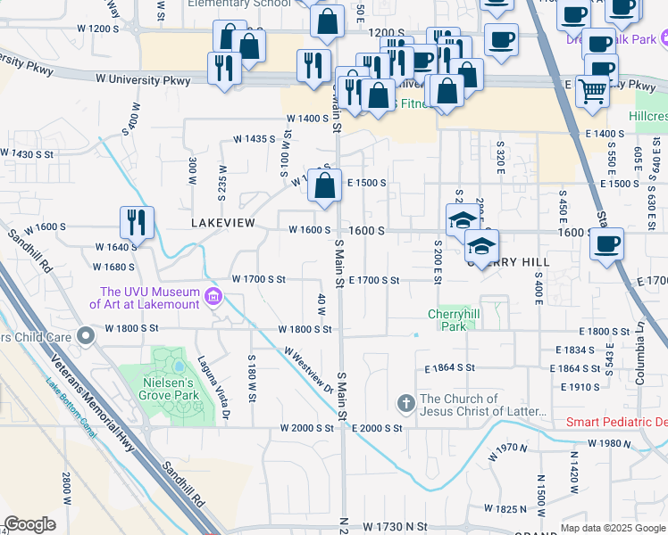 map of restaurants, bars, coffee shops, grocery stores, and more near 1715 40 West in Orem