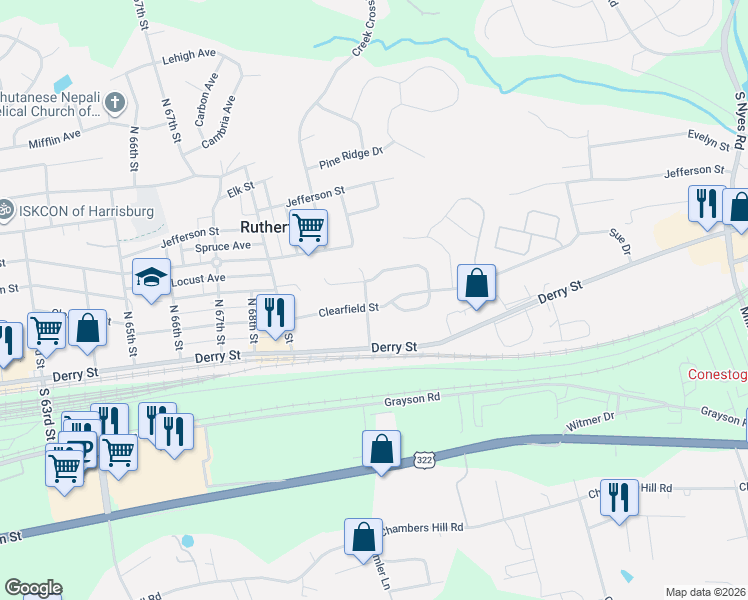 map of restaurants, bars, coffee shops, grocery stores, and more near 65 North 72nd Street in Harrisburg