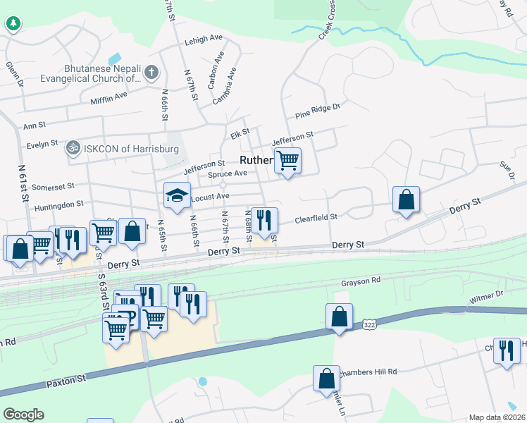 map of restaurants, bars, coffee shops, grocery stores, and more near 6810 Clearfield Street in Harrisburg