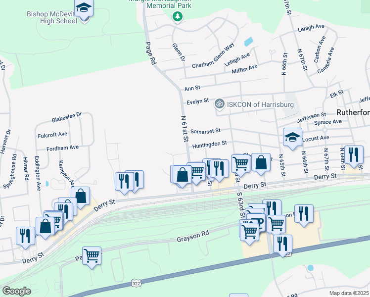 map of restaurants, bars, coffee shops, grocery stores, and more near 6001 Huntingdon Circle in Harrisburg