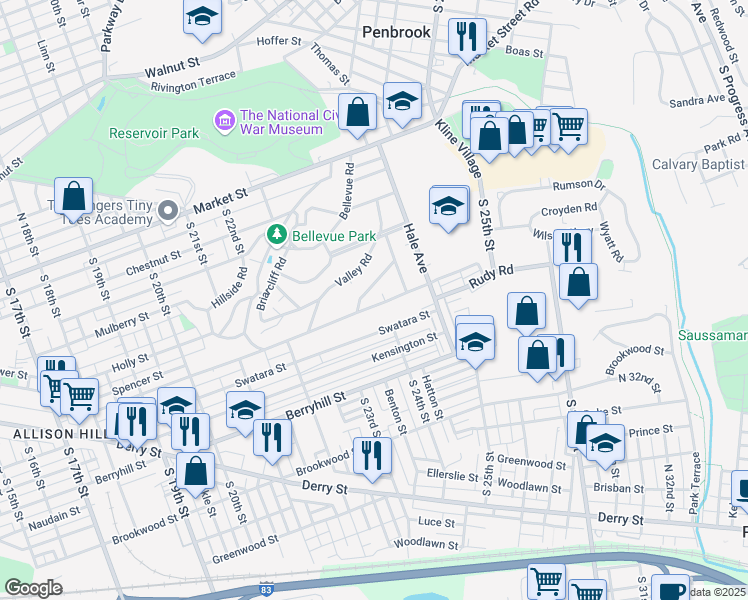 map of restaurants, bars, coffee shops, grocery stores, and more near 2323 Rudy Road in Harrisburg