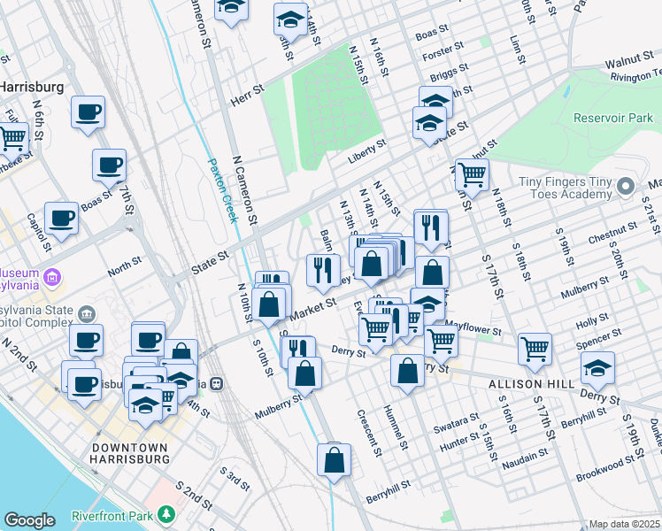 map of restaurants, bars, coffee shops, grocery stores, and more near 1218 Bailey Street in Harrisburg