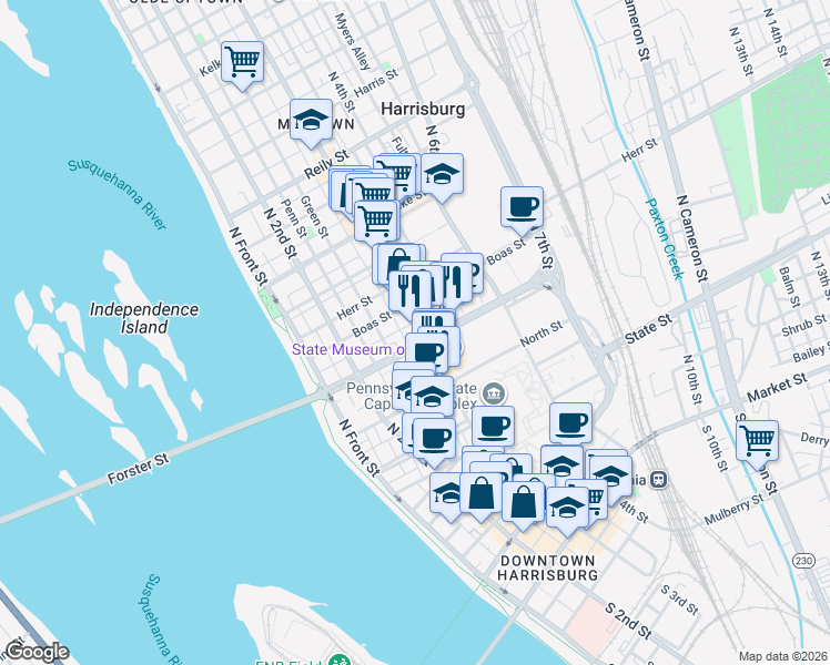 map of restaurants, bars, coffee shops, grocery stores, and more near 825 Susquehanna Street in Harrisburg