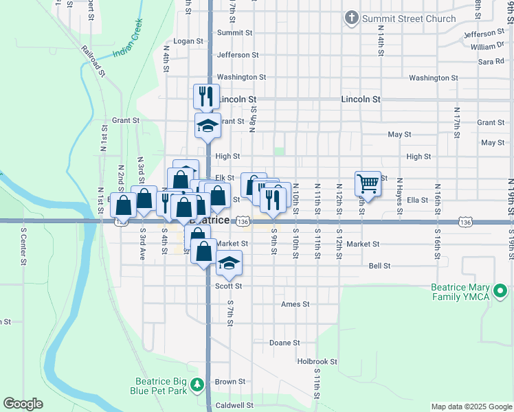map of restaurants, bars, coffee shops, grocery stores, and more near 800 Court Street in Beatrice