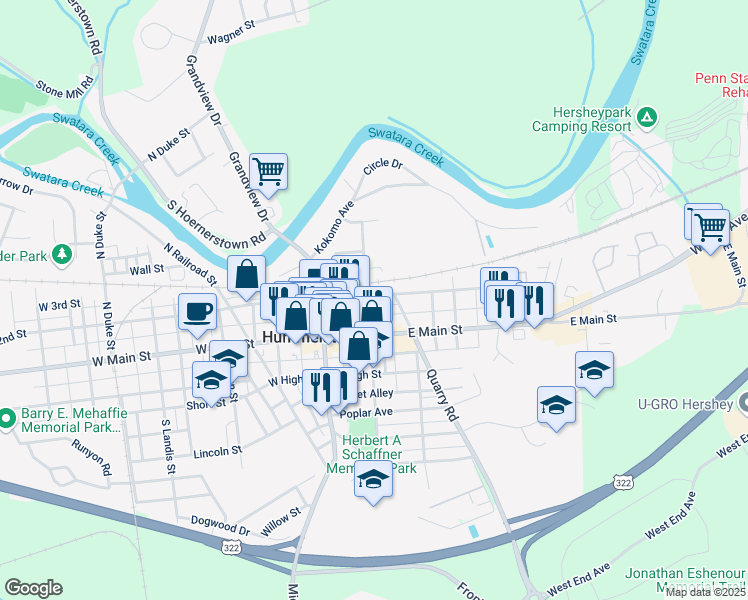 map of restaurants, bars, coffee shops, grocery stores, and more near 103 East 2nd Street in Hummelstown