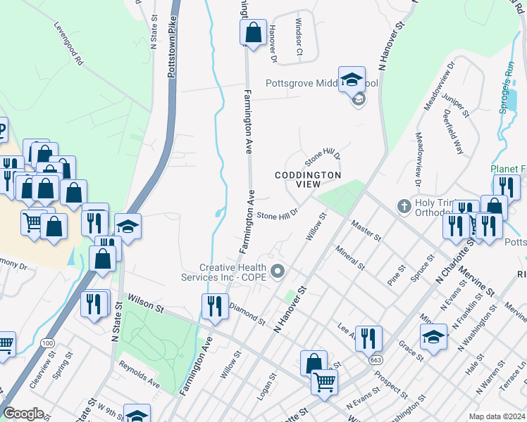 map of restaurants, bars, coffee shops, grocery stores, and more near 63 Stone Hill Drive in Pottstown