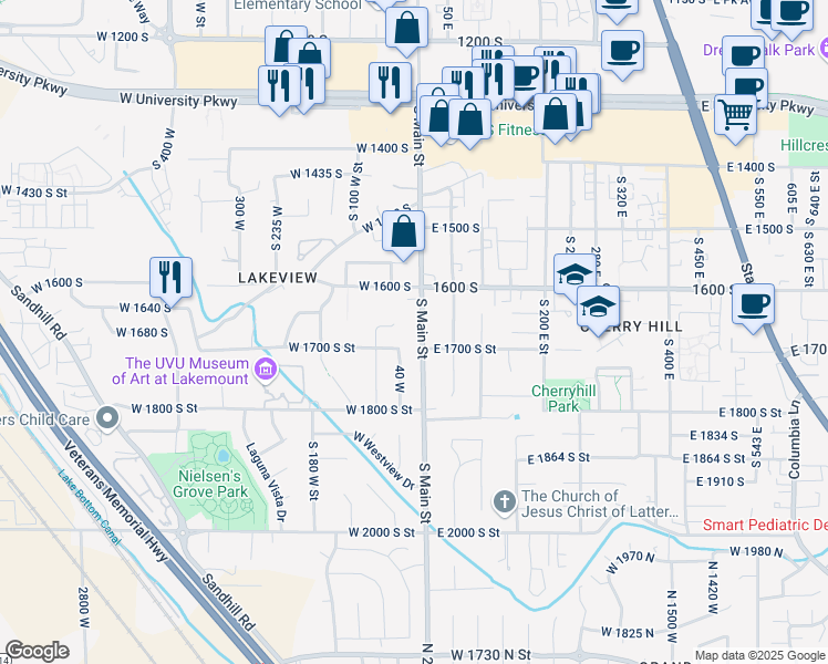 map of restaurants, bars, coffee shops, grocery stores, and more near 1715 40 West in Orem