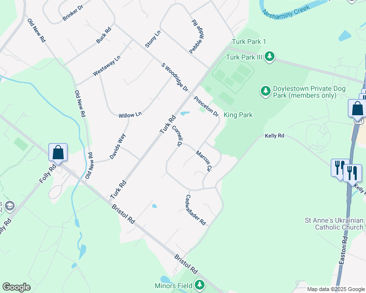 map of restaurants, bars, coffee shops, grocery stores, and more near 538 Cornell Drive in Warrington