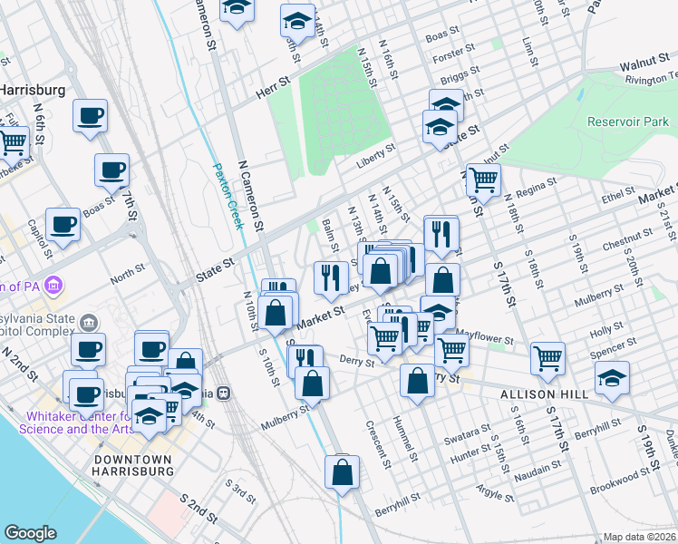 map of restaurants, bars, coffee shops, grocery stores, and more near 1218 Bailey Street in Harrisburg