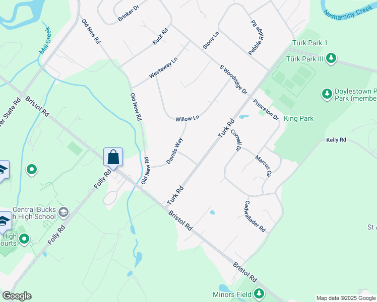 map of restaurants, bars, coffee shops, grocery stores, and more near 25 Linda Lane in Warrington