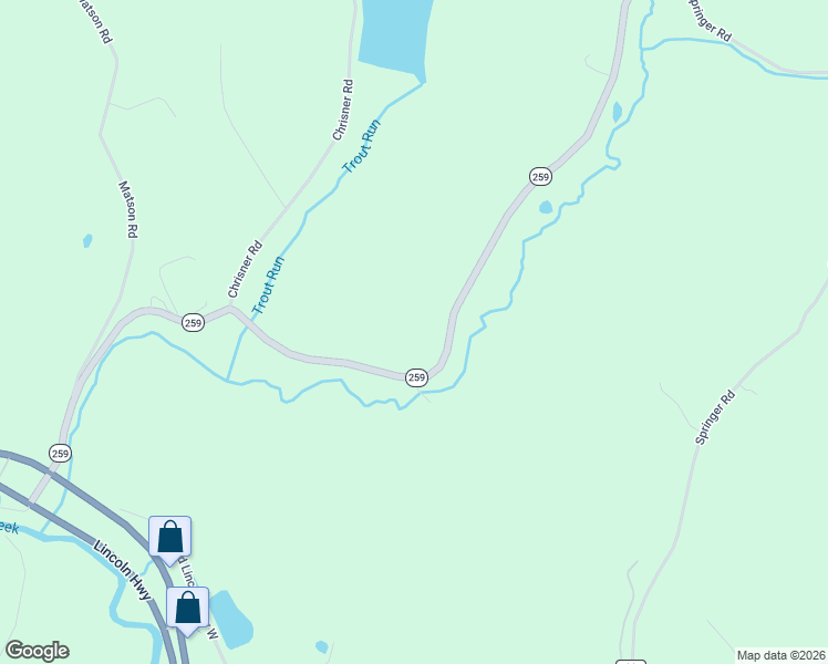 map of restaurants, bars, coffee shops, grocery stores, and more near 351 Pennsylvania 259 in Ligonier